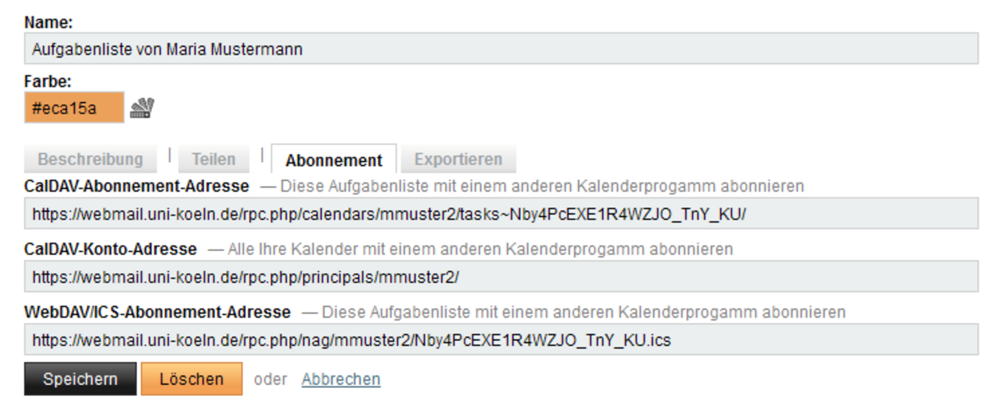 Bildschirmfoto: Beispiel für Darstellung der Abonnement-Adresse im Webmailsystem.