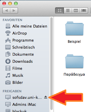 Screenshot:  Trennen der Verbindung zum Server sofsdav.uni-koeln.de per 'Eject'-Schaltfläche im Finder