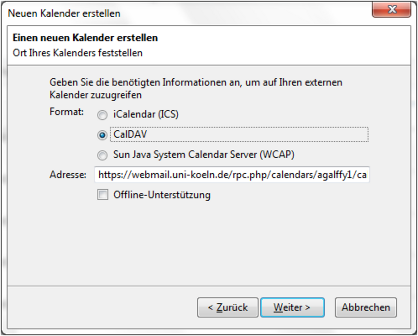 Screenshot: Kalendersynchronisation mit Thunderbird - Netzwerk
