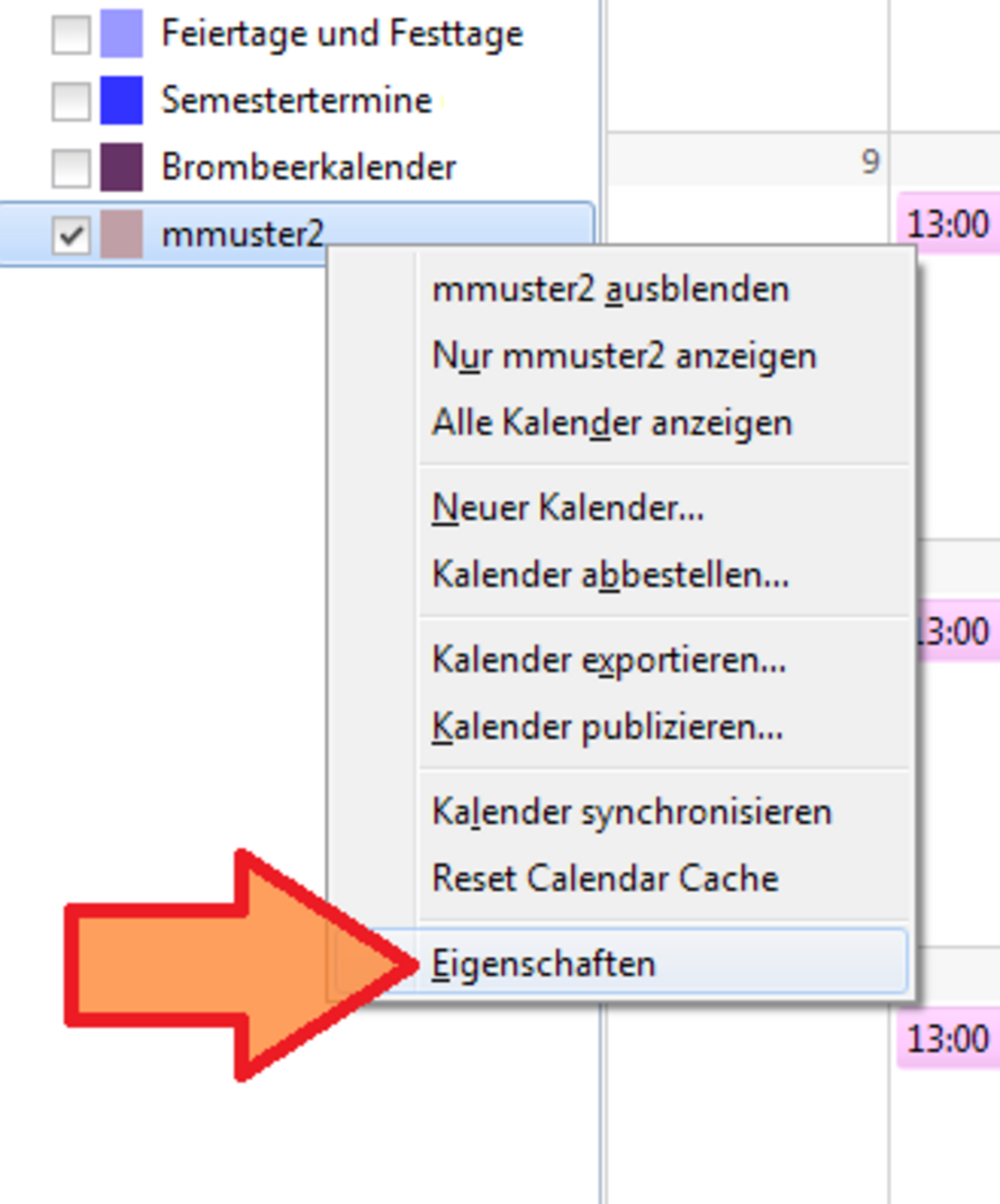 Screenshot: kalendersynchronisation mit Thunderbird - Eigenschaften eines Kalenders im Kontextmenü