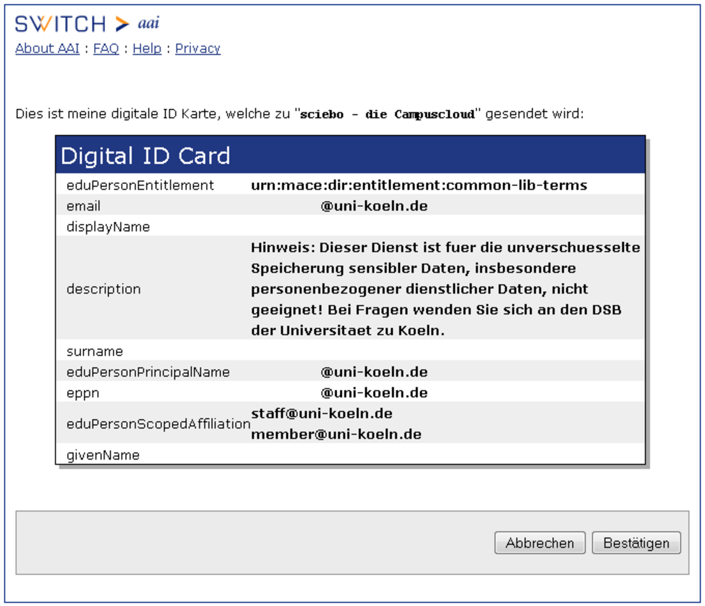 Screenshot: sciebo Registrierung - digitale ID Card bei sciebo