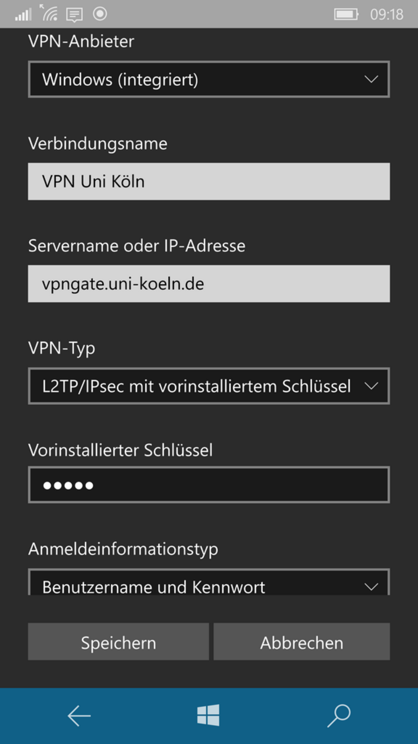 Screenshot: Eingabe bei der Anmeldemaske "VPN-Anbieter"