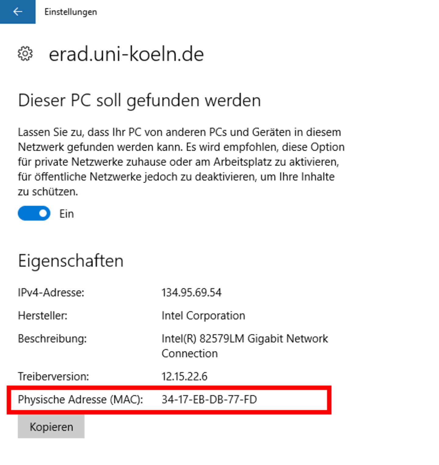 MAC-Adresse auslesen unter Windows 10 - 4. Schritt
