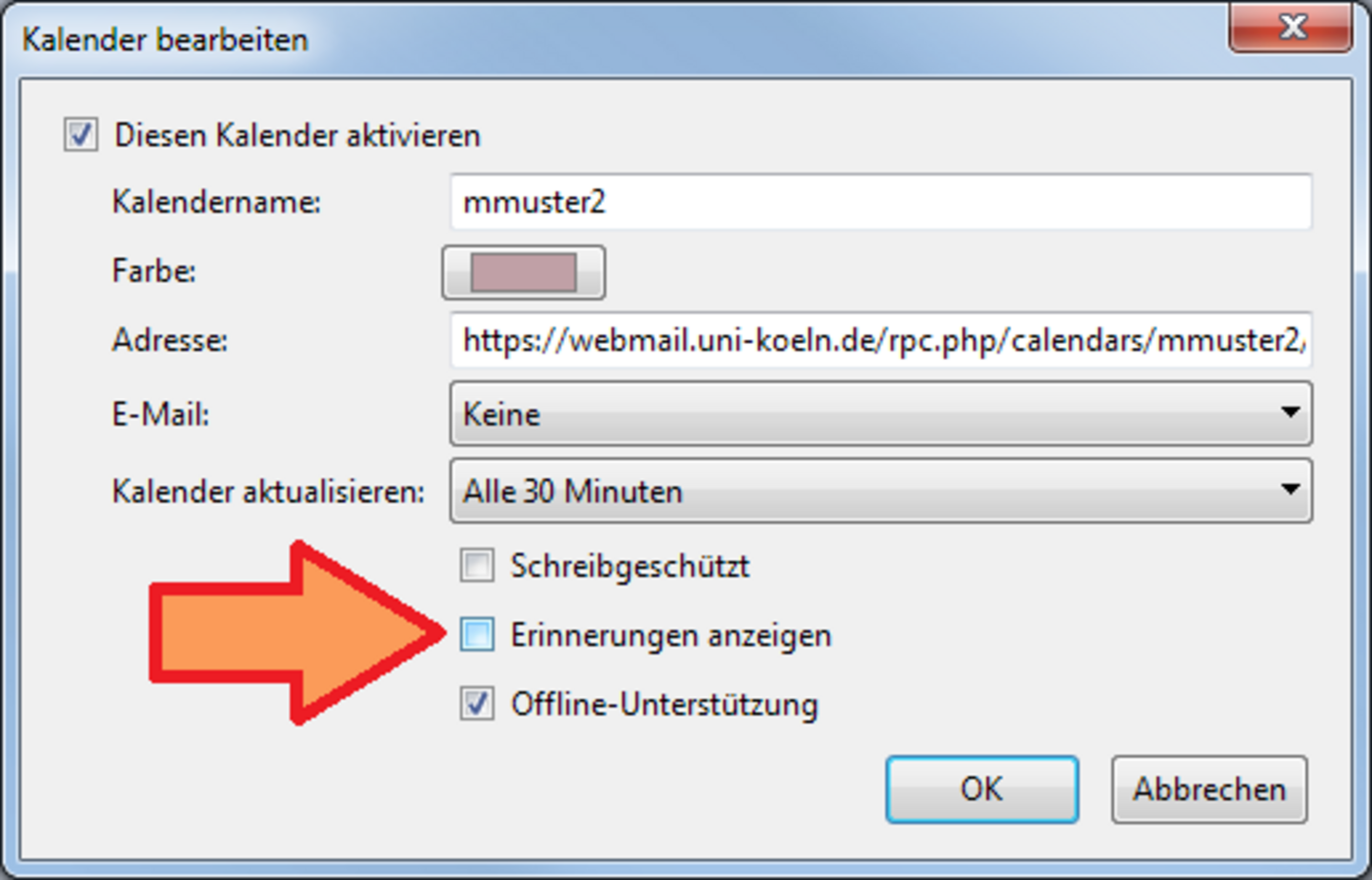 Screenshot: Kalendersynchrnonisation mit Thunderbird - Ausschalten der Erinnerungen für bestimmten Kalender