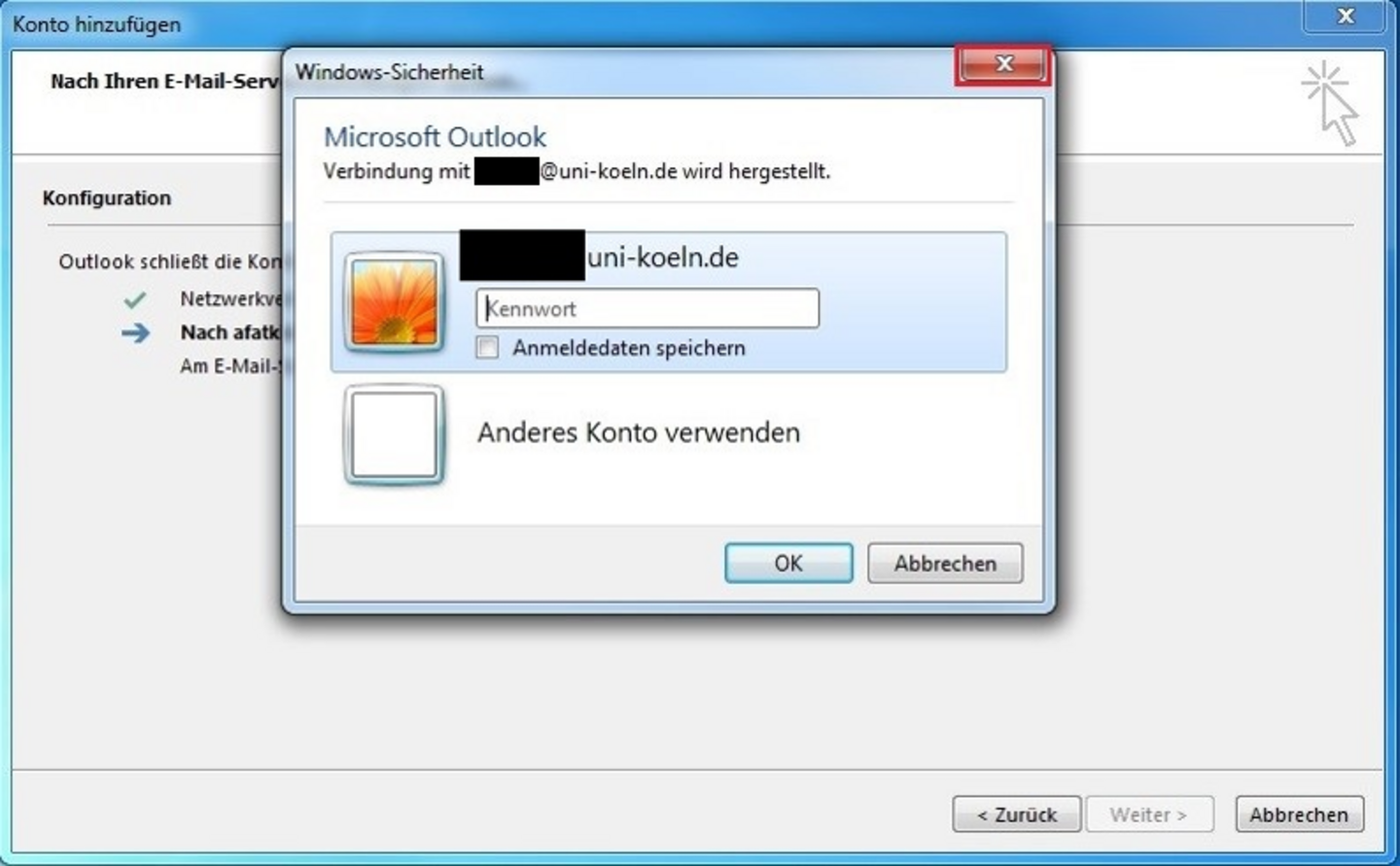 Screenshot: Sicherheitsabfrage in Outlook im Active Directory (AD)