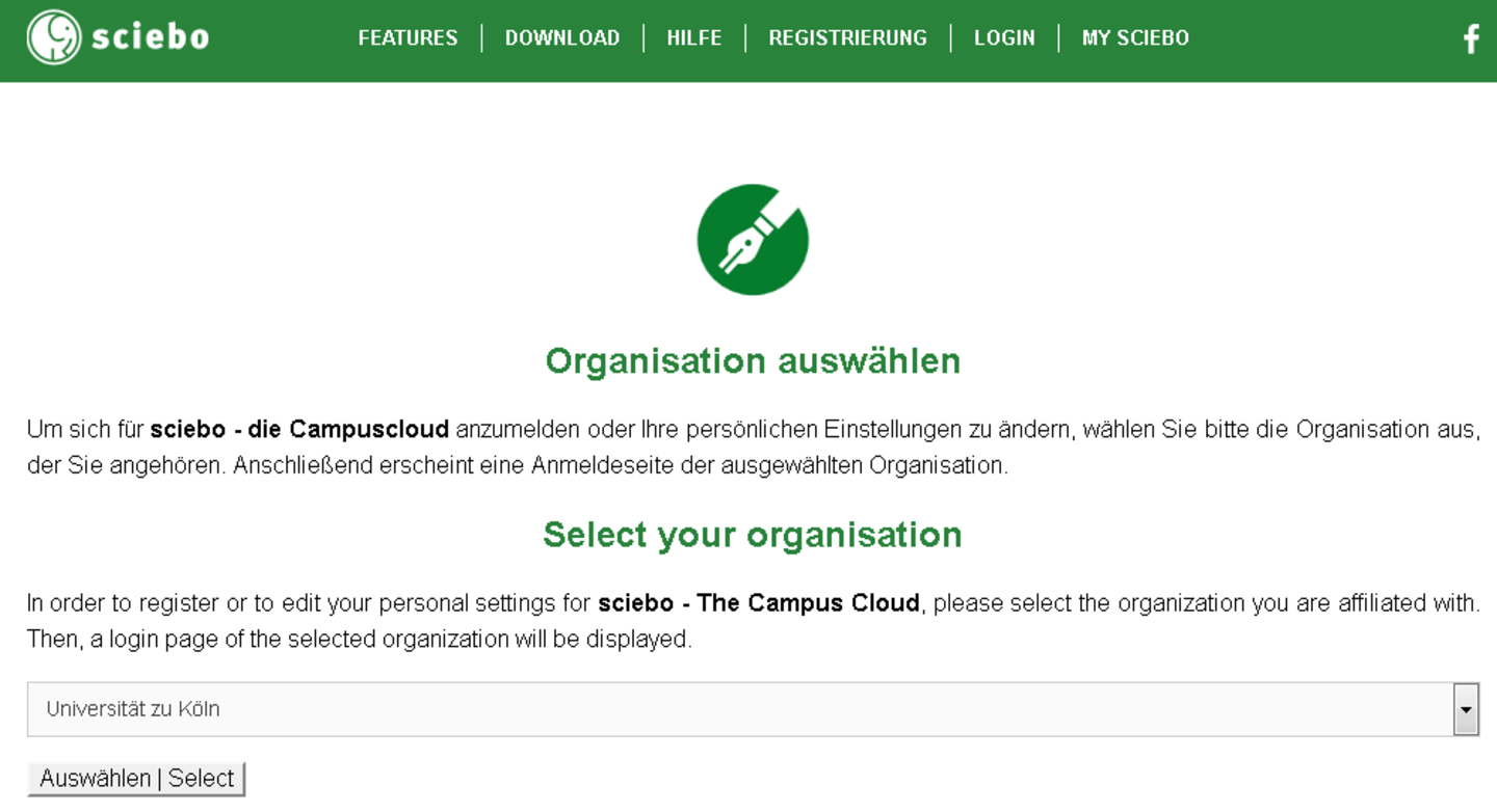 Screenshot: sciebo Registrierung - Auswählen einer Organisation