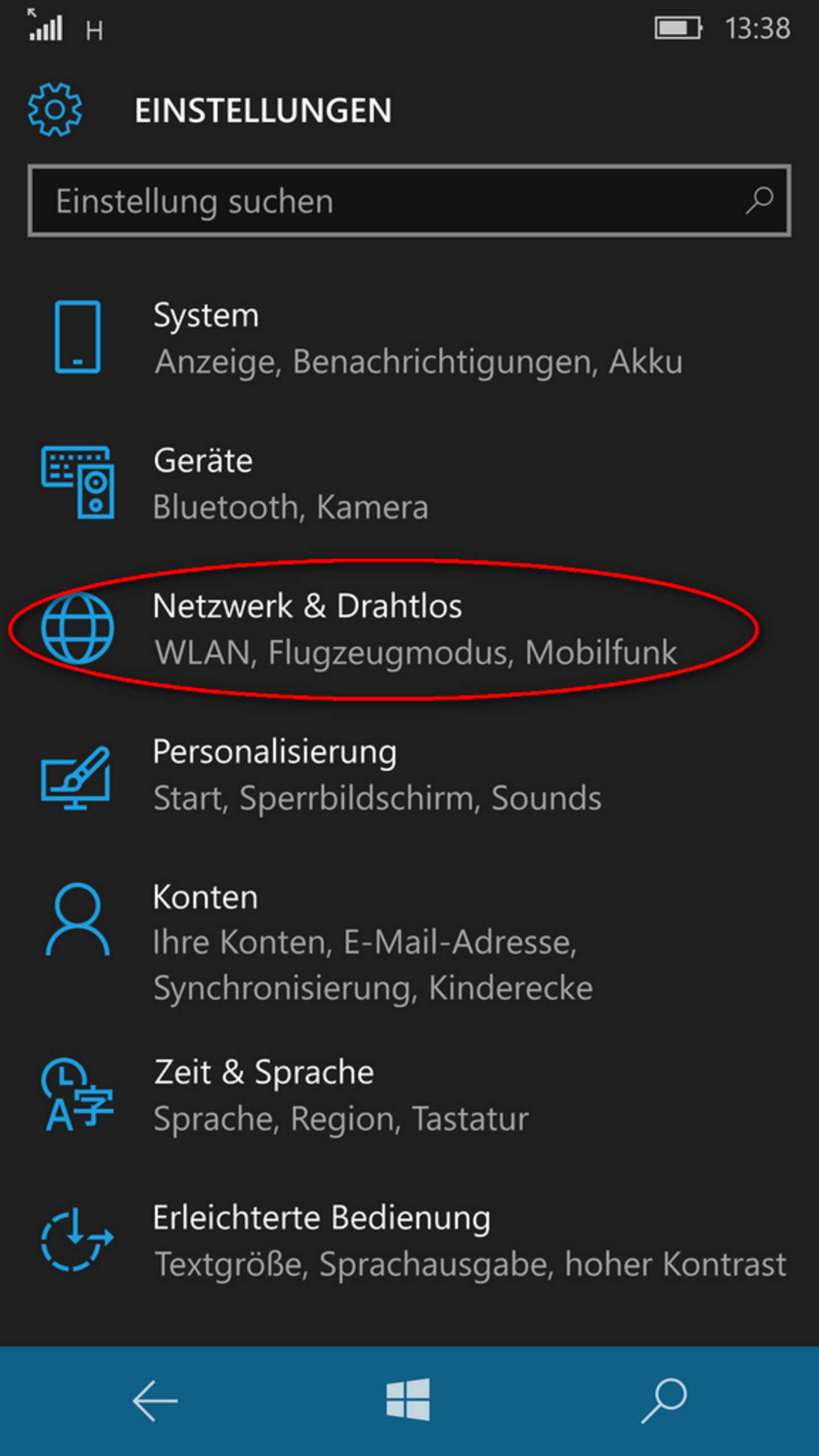 Screenshot: Auswahl Netzwerk und Drahtlos